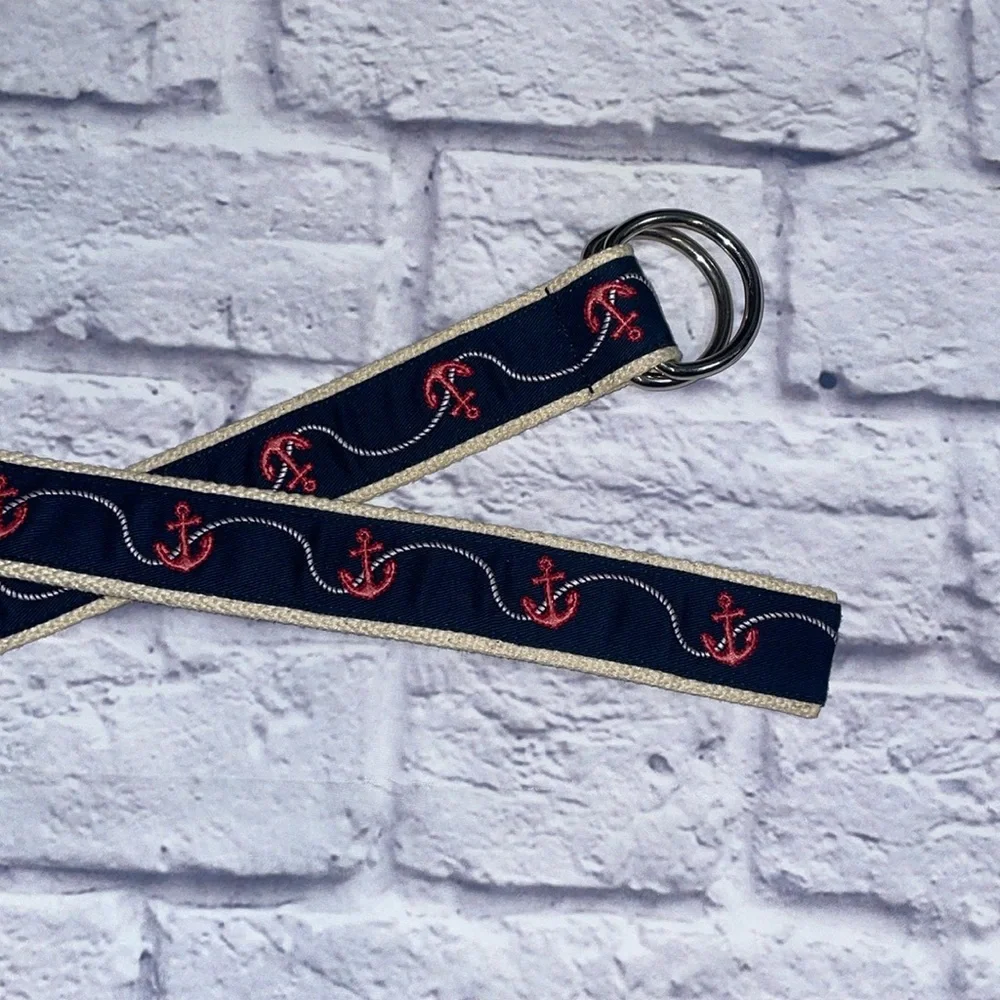 J.Crew Adjustable Double D Ring Canvas Cotton Belt S/M Navy Anchors Style 83693 - Picture 2 of 5